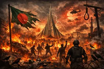 শহীদ বুদ্ধিজীবী দিবস ও মহান বিজয় দিবস উপলক্ষ্যে আমরা প্রকাশ করছি বিশেষ ধারাবাহিক “রক্তে রাঙা বিজয় আমার”। এতে থাকছে গবেষণাধর্মী নিবন্ধ, মতামত, বিশ্লেষণ, কবিতা, গল্প ও সৃজনশীল রচনা যেখানে উঠে আসবে ১৯৭১-এর ইতিহাস, বুদ্ধিজীবী হত্যাকাণ্ডের নির্মমতা, মুক্তিযোদ্ধাদের সংগ্রাম ও বিজয়ের চেতনামূলক আলোচনা। “রক্তে রাঙা বিজয় আমার”-এ আজকের পর্বে থাকছে অদিতি ফাল্গুনীর গল্প ‘খেলিছে জলদেবী’।

অদিতি ফাল্গুনীর এই গল্পটি একটি জলদেবীর রূপক যে কখনো ভাগিরথী, কখনো গঙ্গা, কখনো শিল্প, আবার কখনো নারীর দেহ ও স্মৃতি। ১৯৭১ থেকে ২০২৪–যুদ্ধ, ক্ষমতা, সংস্কৃতি ও উগ্রবাদের ধারাবাহিকতায় ভাঙা ভাস্কর্য, লাঞ্ছিত দেহ ও নিশ্চুপ শিল্পীর মধ্য দিয়ে উঠে আসে বাংলাদেশের সাম্প্রতিক জুলাই–আগস্টের আন্দোলন, শাসন বদল ও তার পরবর্তী সাংস্কৃতিক-সামাজিক অস্থিরতা। জল এখানে ইতিহাস, প্রতিরোধ ও স্মৃতির প্রতীক যাকে দমন করা যায়, কিন্তু মুছে ফেলা যায় না।